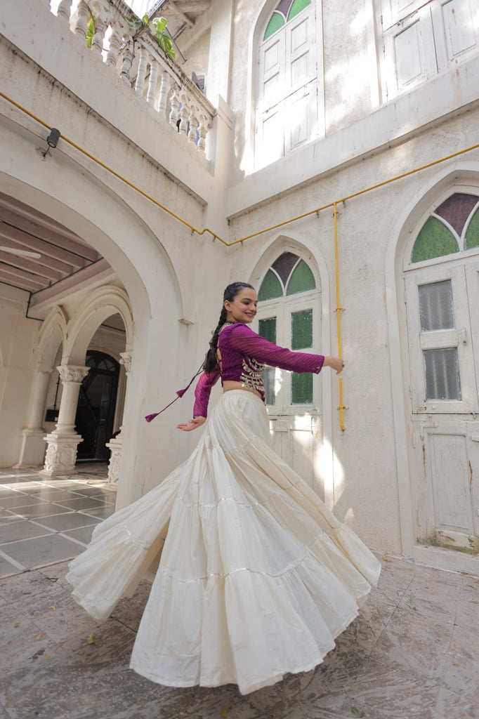 Designer Kora Cotton Lehenga with 12 Meter Flair & Leheriya Print Mirror Work Blouse ClothsVilla