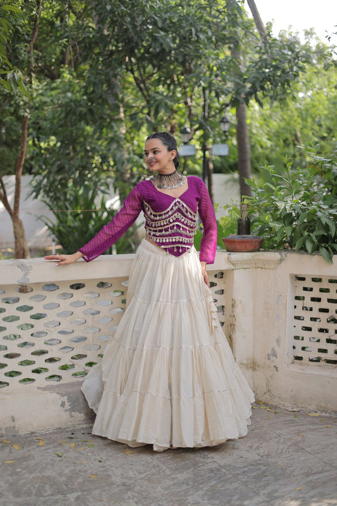 Designer Kora Cotton Lehenga with 12 Meter Flair & Leheriya Print Mirror Work Blouse ClothsVilla