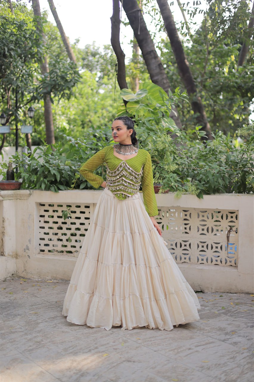Designer Kora Cotton Lehenga with 12 Meter Flair & Leheriya Print Mirror Work Blouse ClothsVilla