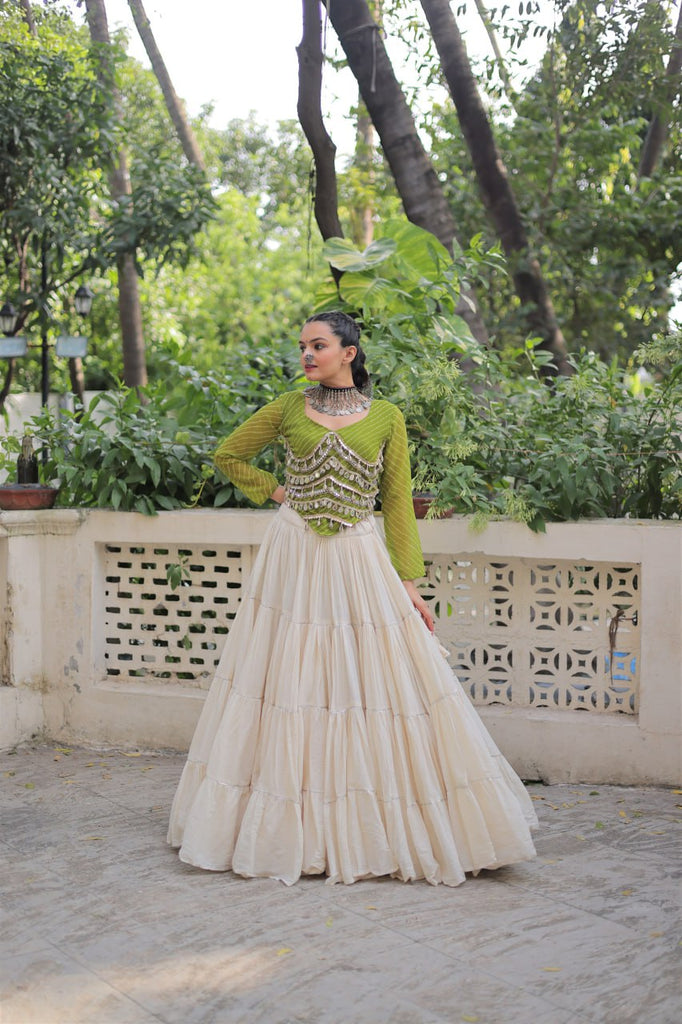 Designer Kora Cotton Lehenga with 12 Meter Flair & Leheriya Print Mirror Work Blouse ClothsVilla