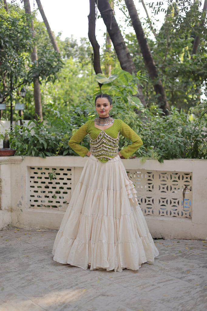 Designer Kora Cotton Lehenga with 12 Meter Flair & Leheriya Print Mirror Work Blouse ClothsVilla