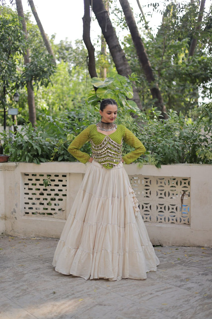 Designer Kora Cotton Lehenga with 12 Meter Flair & Leheriya Print Mirror Work Blouse ClothsVilla