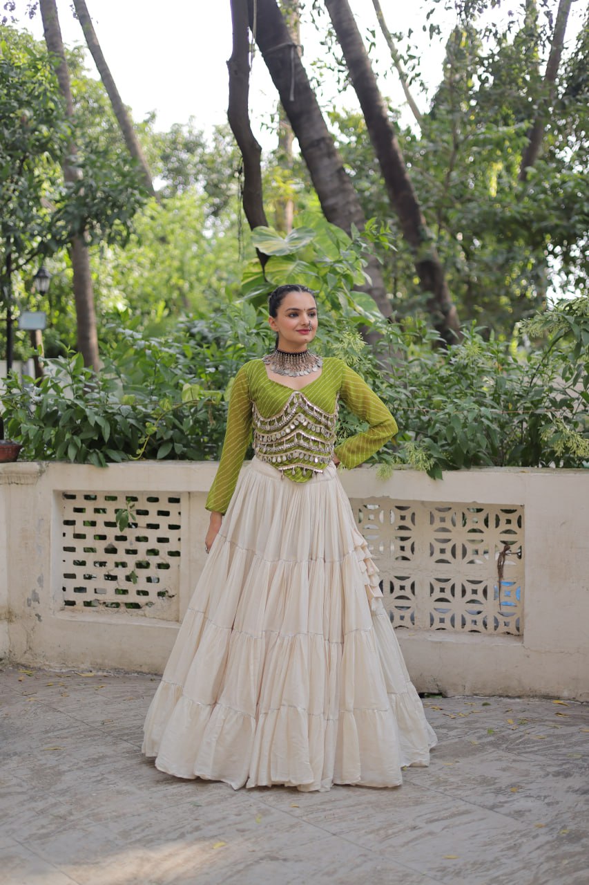 Designer Kora Cotton Lehenga with 12 Meter Flair & Leheriya Print Mirror Work Blouse ClothsVilla