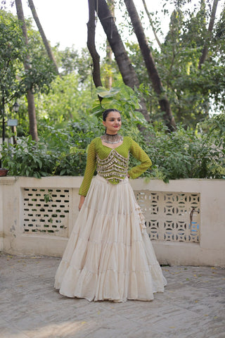 Designer Kora Cotton Lehenga with 12 Meter Flair & Leheriya Print Mirror Work Blouse ClothsVilla