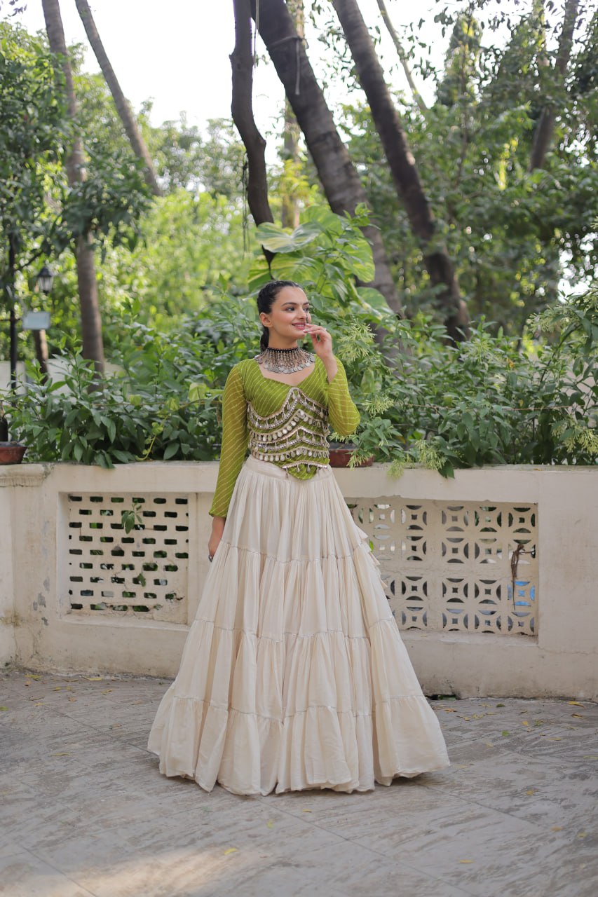 Designer Kora Cotton Lehenga with 12 Meter Flair & Leheriya Print Mirror Work Blouse ClothsVilla