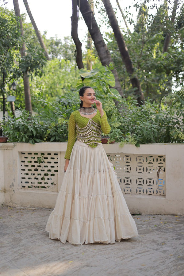 Designer Kora Cotton Lehenga with 12 Meter Flair & Leheriya Print Mirror Work Blouse ClothsVilla