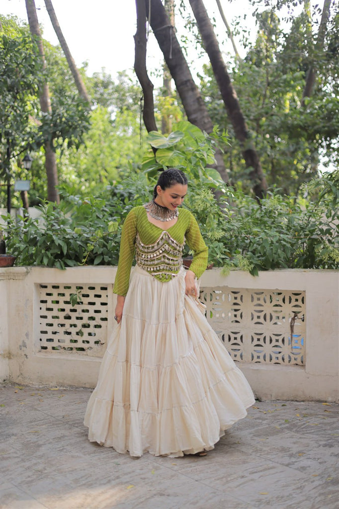 Designer Kora Cotton Lehenga with 12 Meter Flair & Leheriya Print Mirror Work Blouse ClothsVilla