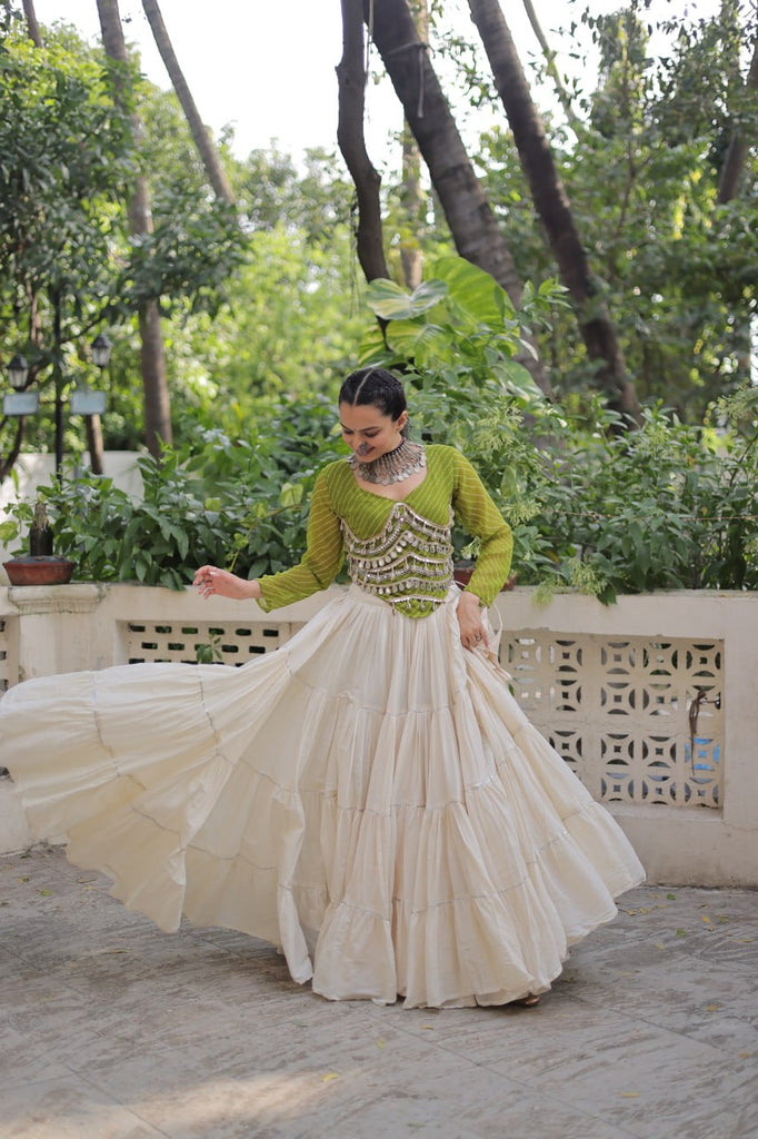 Designer Kora Cotton Lehenga with 12 Meter Flair & Leheriya Print Mirror Work Blouse ClothsVilla