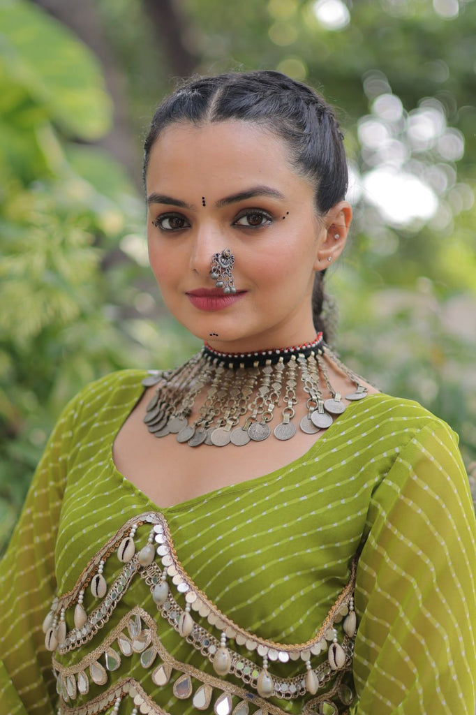 Designer Kora Cotton Lehenga with 12 Meter Flair & Leheriya Print Mirror Work Blouse ClothsVilla