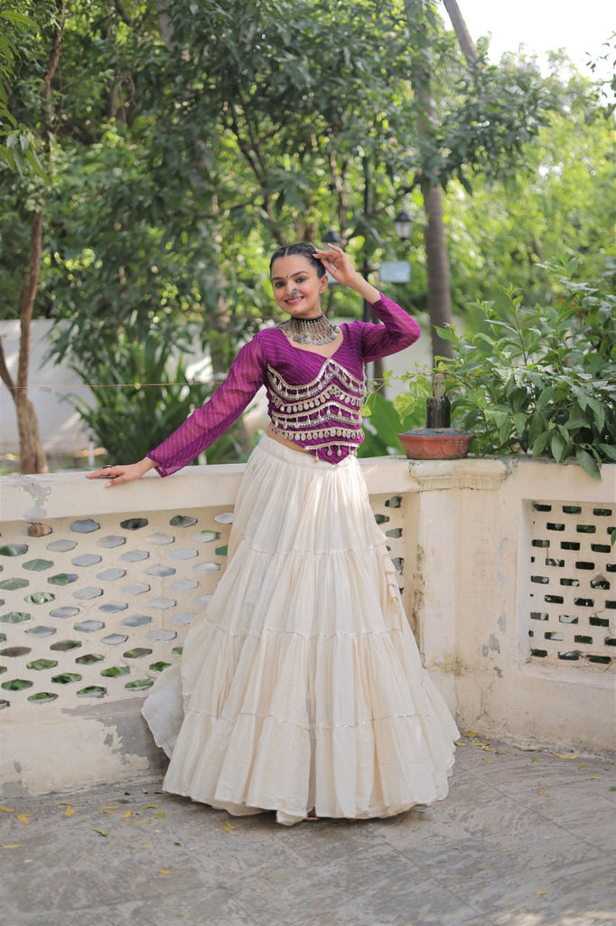 Designer Kora Cotton Lehenga with 12 Meter Flair & Leheriya Print Mirror Work Blouse ClothsVilla