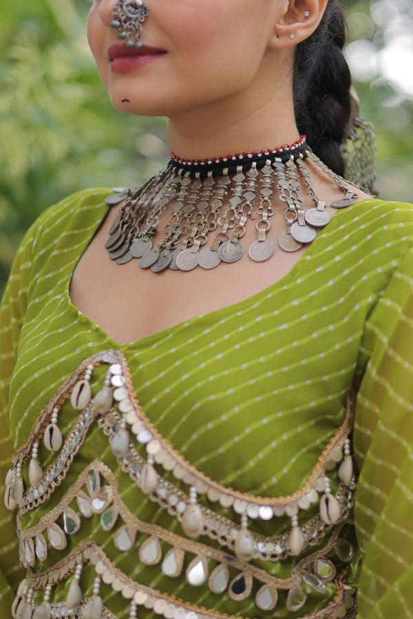 Designer Kora Cotton Lehenga with 12 Meter Flair & Leheriya Print Mirror Work Blouse ClothsVilla