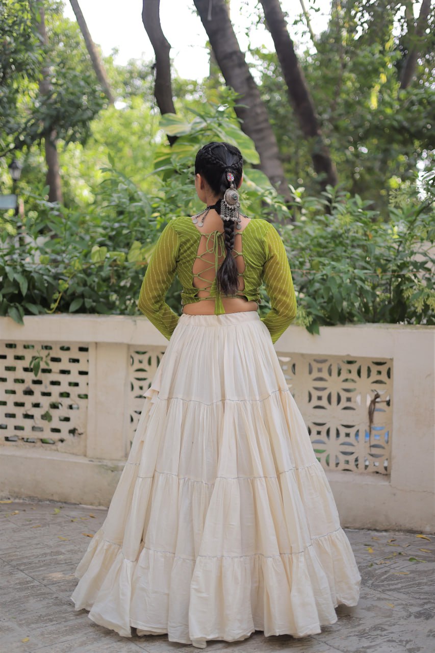 Designer Kora Cotton Lehenga with 12 Meter Flair & Leheriya Print Mirror Work Blouse ClothsVilla