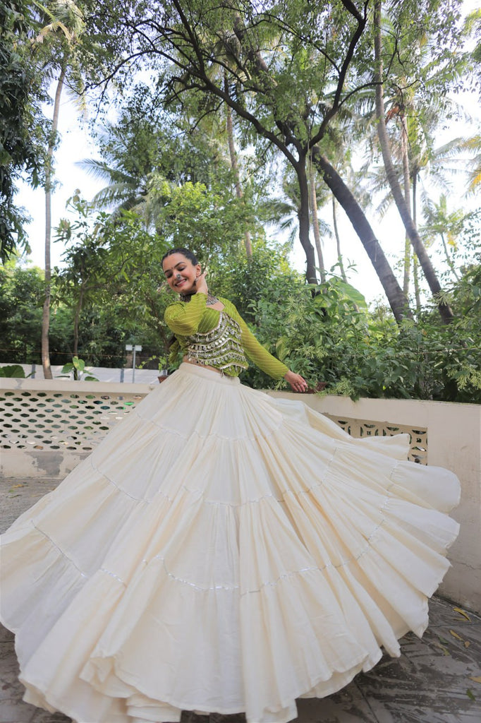 Designer Kora Cotton Lehenga with 12 Meter Flair & Leheriya Print Mirror Work Blouse ClothsVilla