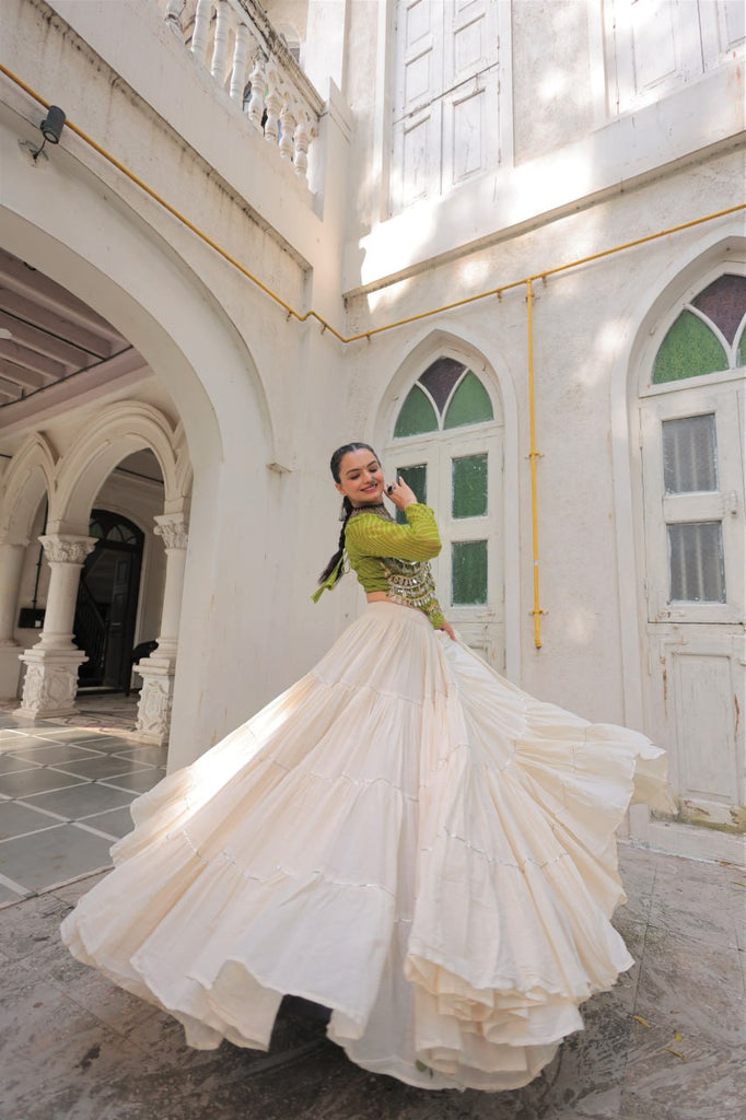 Designer Kora Cotton Lehenga with 12 Meter Flair & Leheriya Print Mirror Work Blouse ClothsVilla