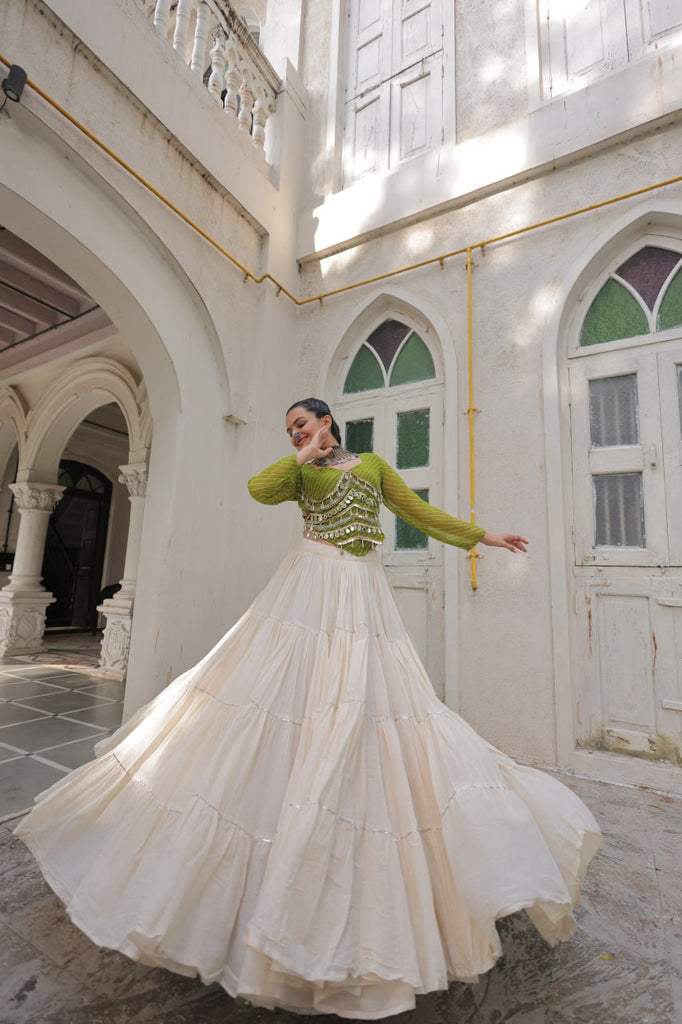 Designer Kora Cotton Lehenga with 12 Meter Flair & Leheriya Print Mirror Work Blouse ClothsVilla