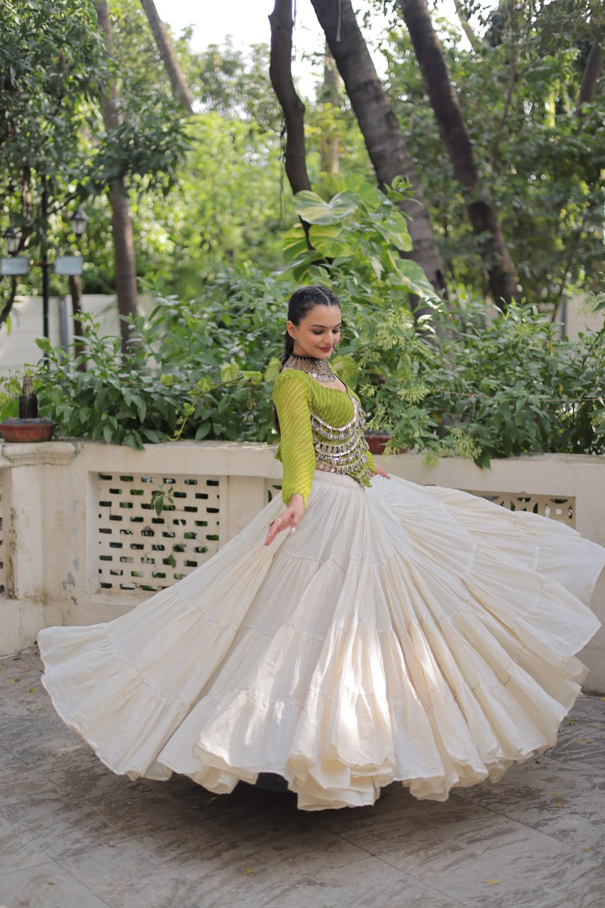 Designer Kora Cotton Lehenga with 12 Meter Flair & Leheriya Print Mirror Work Blouse ClothsVilla