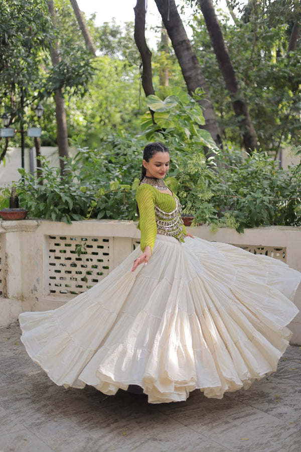 Designer Kora Cotton Lehenga with 12 Meter Flair & Leheriya Print Mirror Work Blouse ClothsVilla