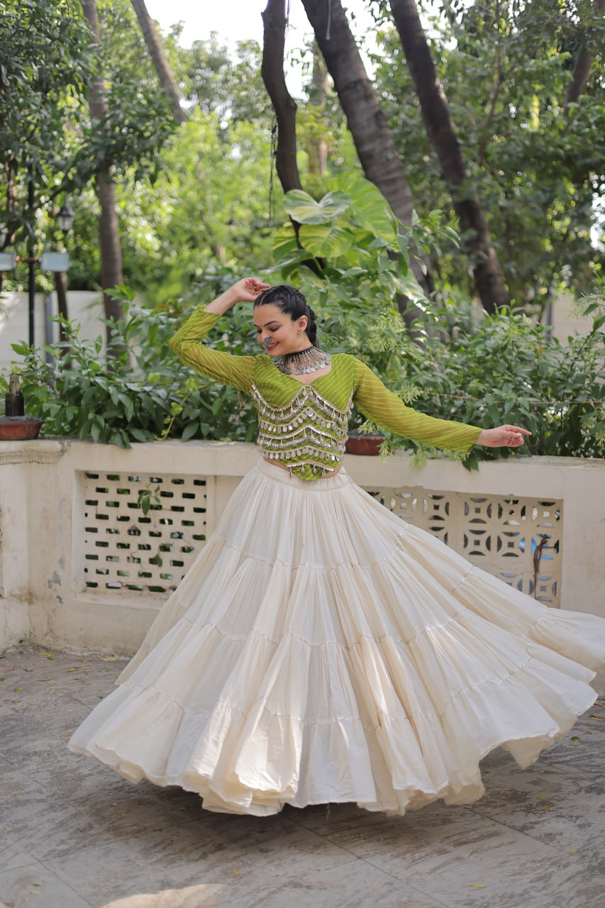Designer Kora Cotton Lehenga with 12 Meter Flair & Leheriya Print Mirror Work Blouse ClothsVilla