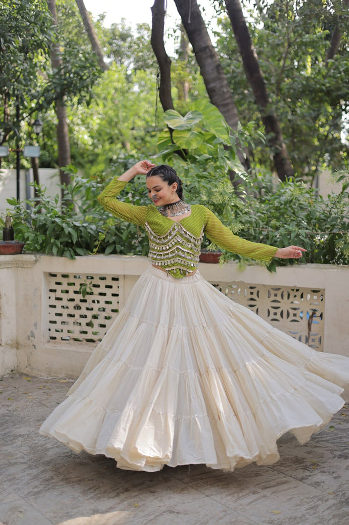 Designer Kora Cotton Lehenga with 12 Meter Flair & Leheriya Print Mirror Work Blouse ClothsVilla