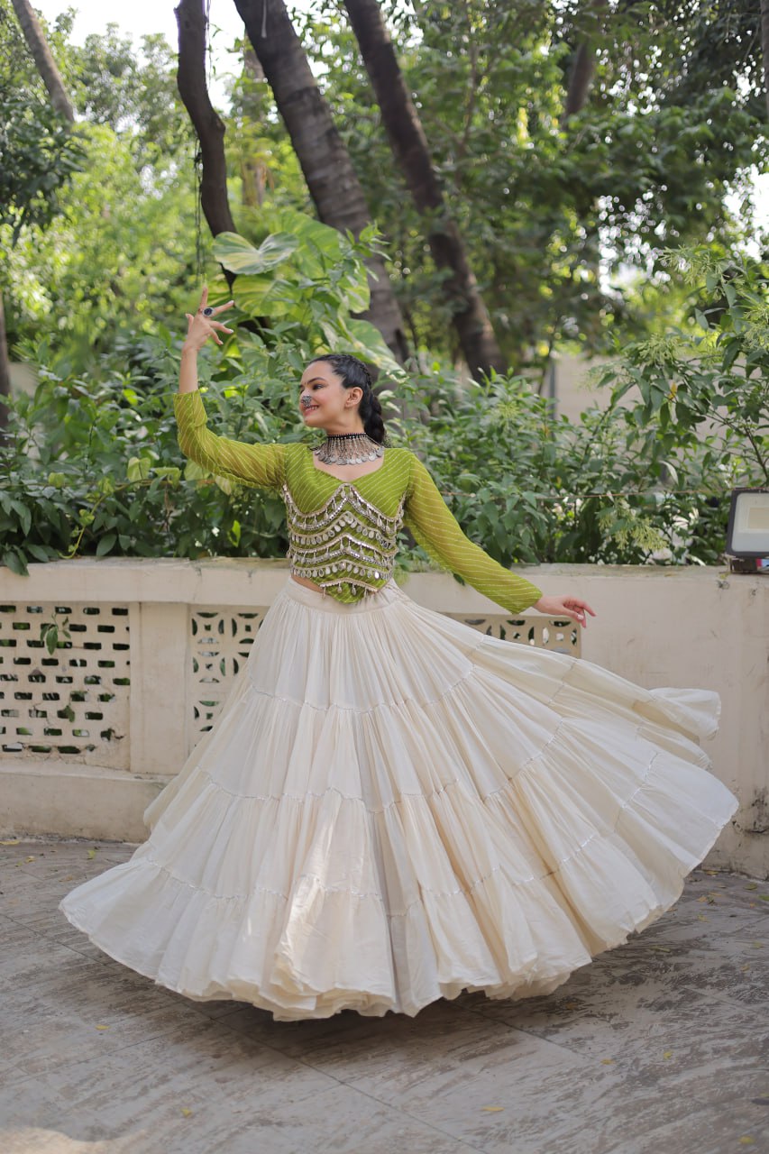 Designer Kora Cotton Lehenga with 12 Meter Flair & Leheriya Print Mirror Work Blouse ClothsVilla