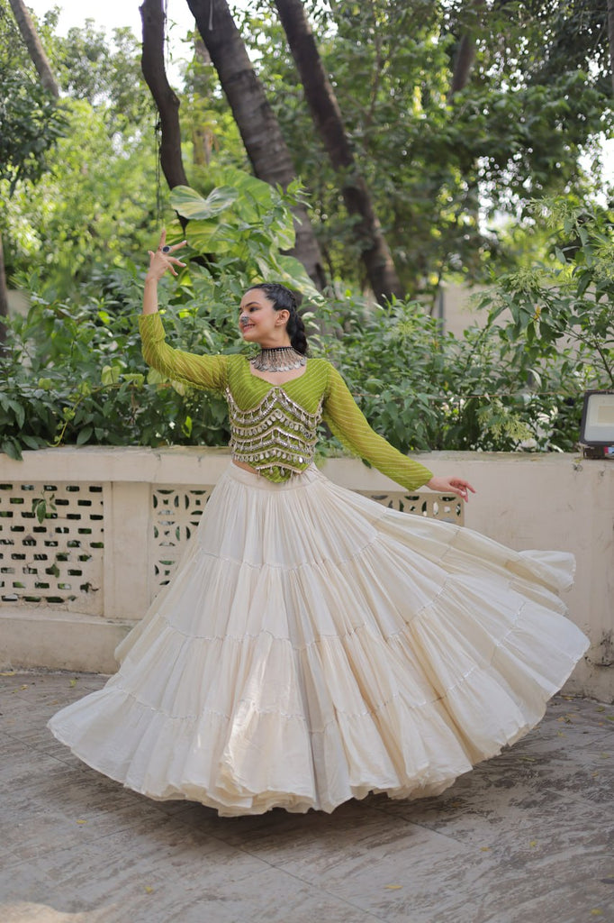 Designer Kora Cotton Lehenga with 12 Meter Flair & Leheriya Print Mirror Work Blouse ClothsVilla