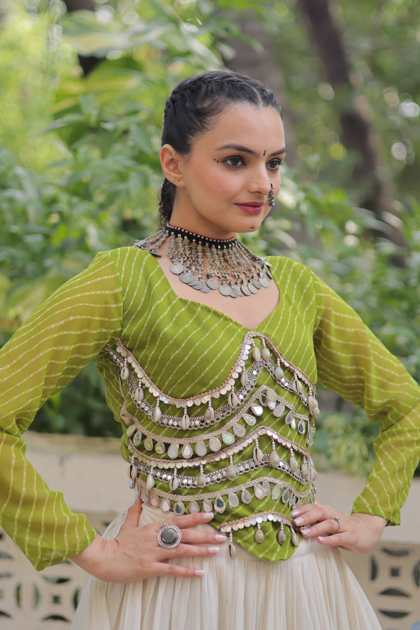 Designer Kora Cotton Lehenga with 12 Meter Flair & Leheriya Print Mirror Work Blouse ClothsVilla
