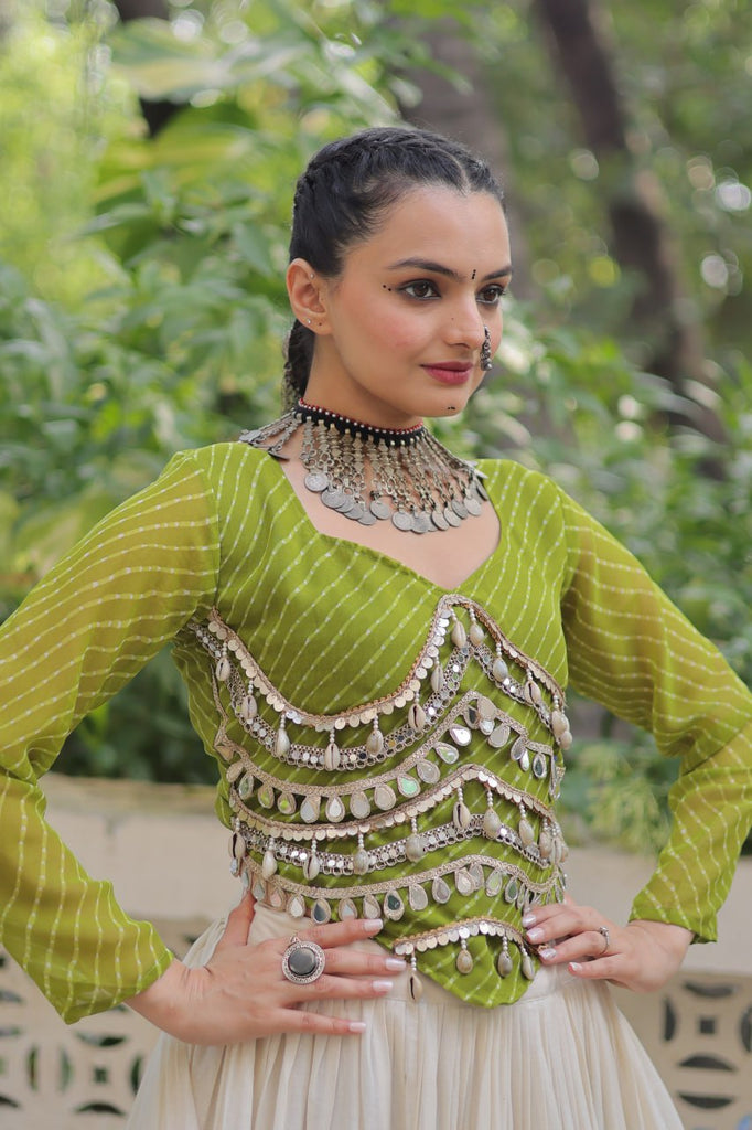 Designer Kora Cotton Lehenga with 12 Meter Flair & Leheriya Print Mirror Work Blouse ClothsVilla