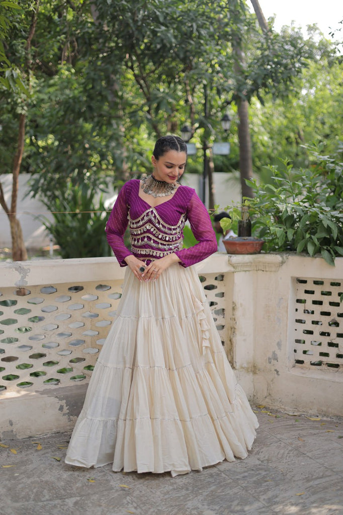 Designer Kora Cotton Lehenga with 12 Meter Flair & Leheriya Print Mirror Work Blouse ClothsVilla