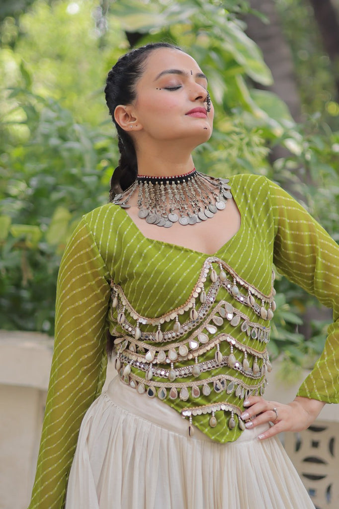 Designer Kora Cotton Lehenga with 12 Meter Flair & Leheriya Print Mirror Work Blouse ClothsVilla