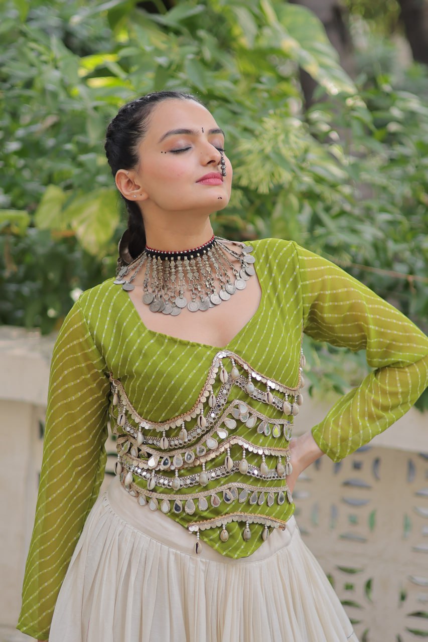 Designer Kora Cotton Lehenga with 12 Meter Flair & Leheriya Print Mirror Work Blouse ClothsVilla