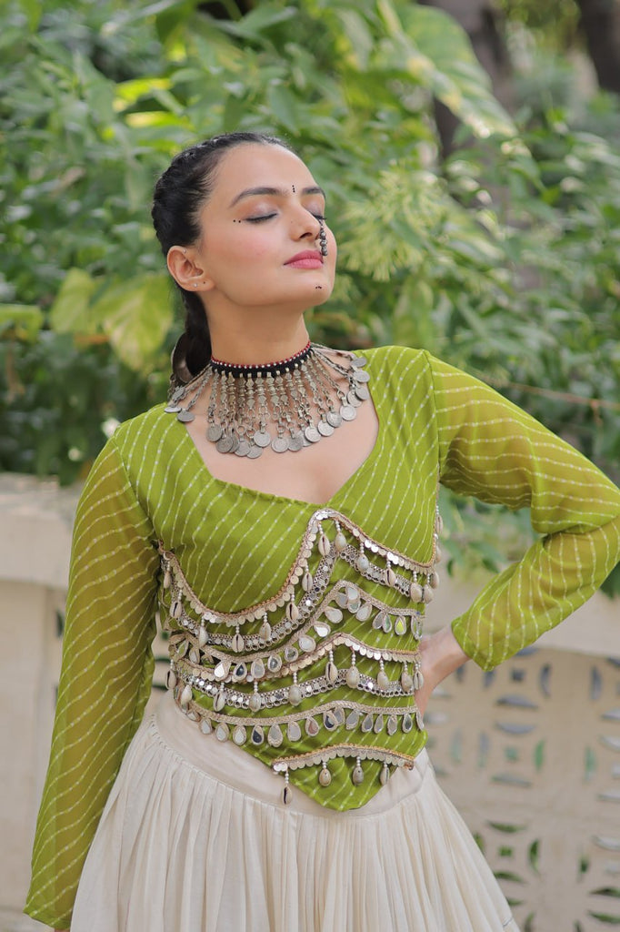 Designer Kora Cotton Lehenga with 12 Meter Flair & Leheriya Print Mirror Work Blouse ClothsVilla