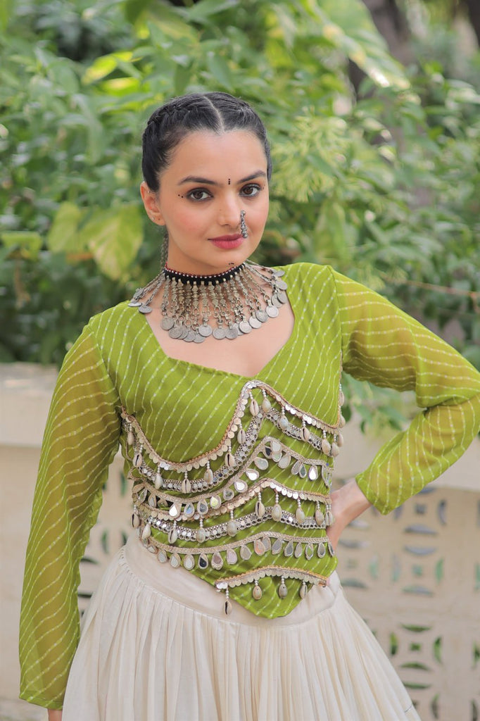 Designer Kora Cotton Lehenga with 12 Meter Flair & Leheriya Print Mirror Work Blouse ClothsVilla