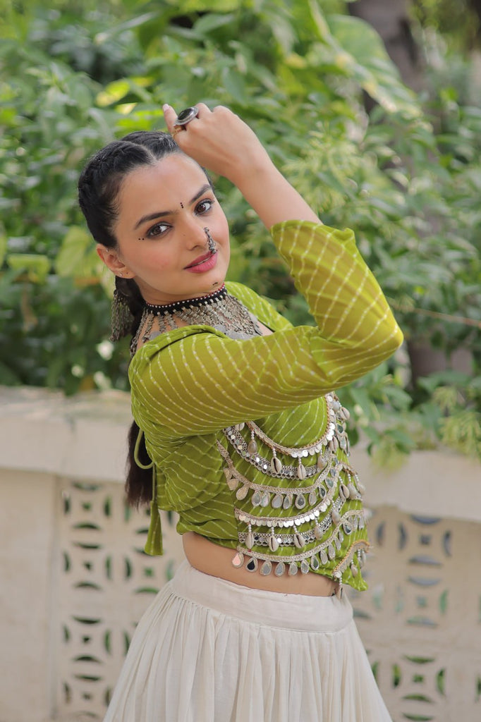 Designer Kora Cotton Lehenga with 12 Meter Flair & Leheriya Print Mirror Work Blouse ClothsVilla