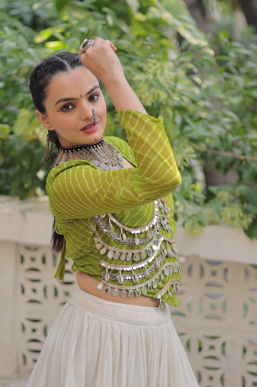 Designer Kora Cotton Lehenga with 12 Meter Flair & Leheriya Print Mirror Work Blouse ClothsVilla