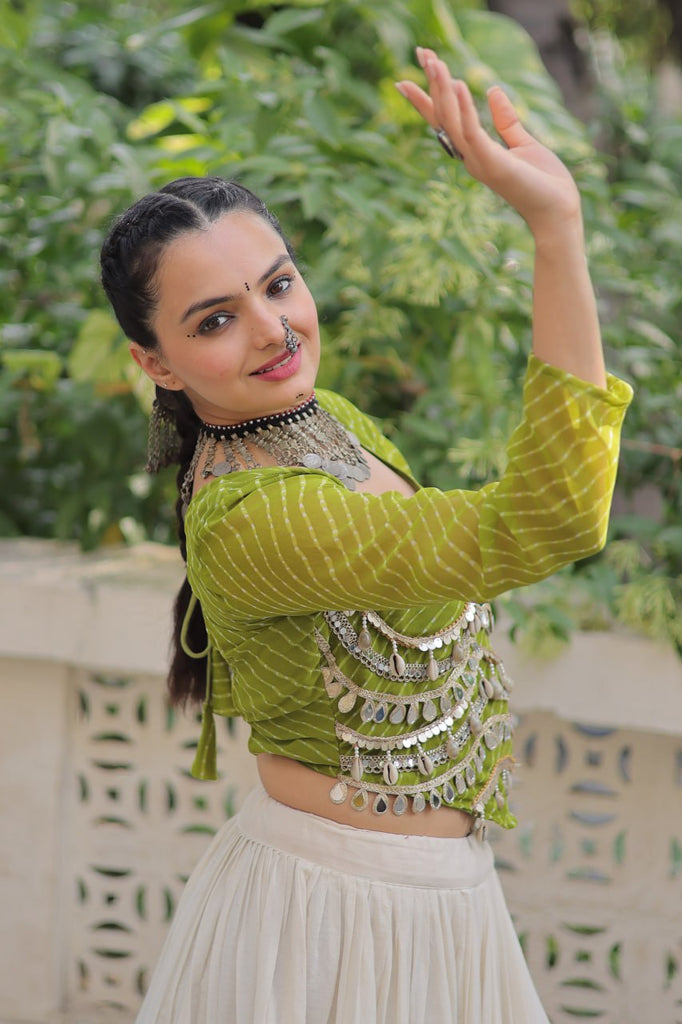 Designer Kora Cotton Lehenga with 12 Meter Flair & Leheriya Print Mirror Work Blouse ClothsVilla