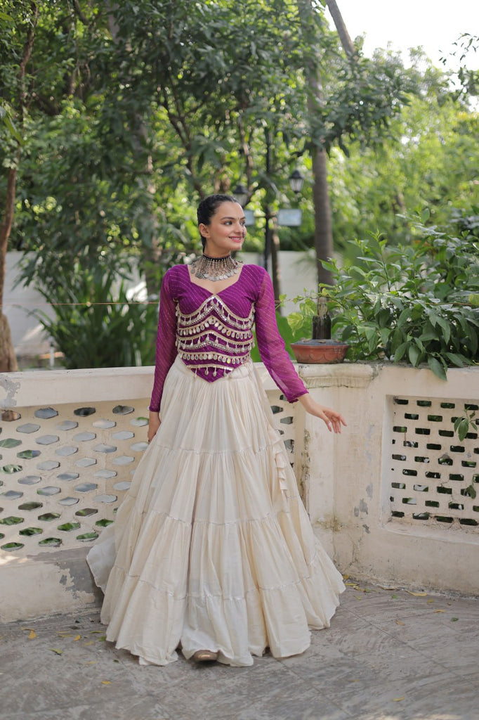 Designer Kora Cotton Lehenga with 12 Meter Flair & Leheriya Print Mirror Work Blouse ClothsVilla