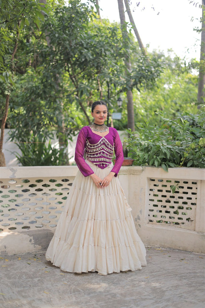 Designer Kora Cotton Lehenga with 12 Meter Flair & Leheriya Print Mirror Work Blouse ClothsVilla