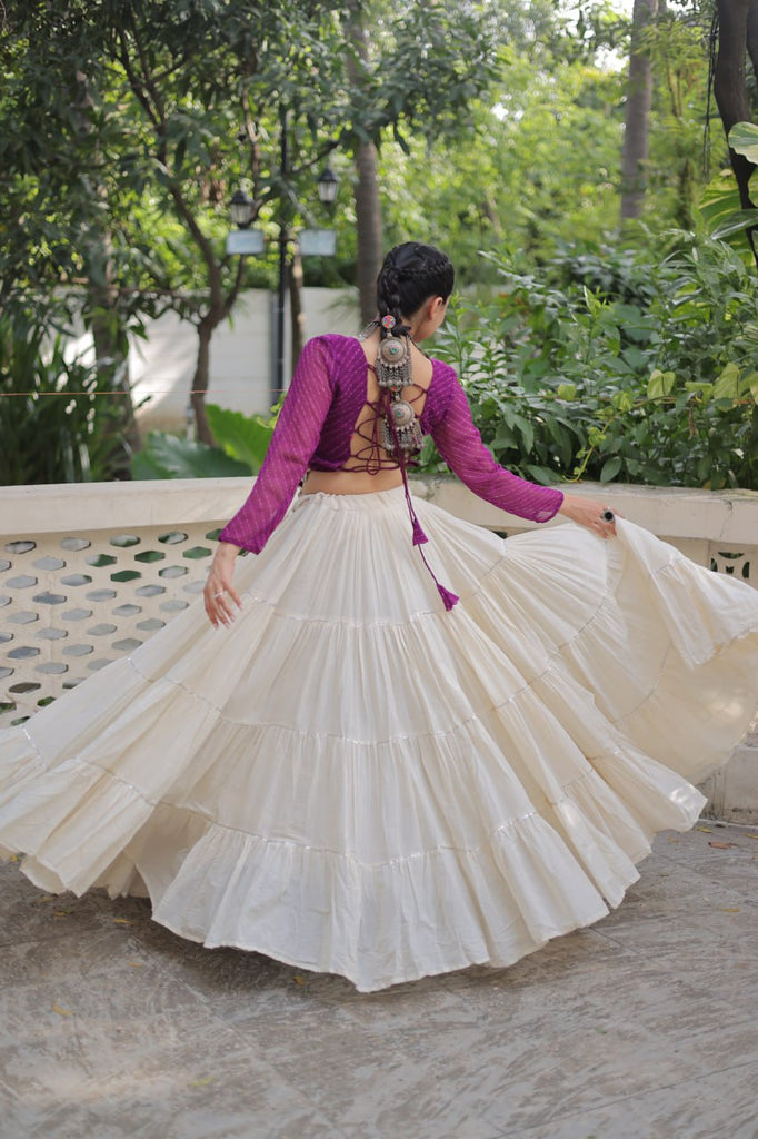 Designer Kora Cotton Lehenga with 12 Meter Flair & Leheriya Print Mirror Work Blouse ClothsVilla