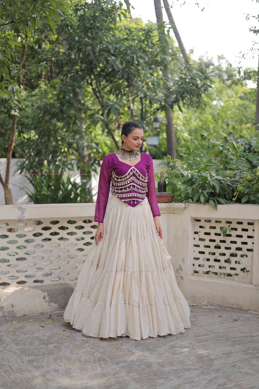 Designer Kora Cotton Lehenga with 12 Meter Flair & Leheriya Print Mirror Work Blouse ClothsVilla