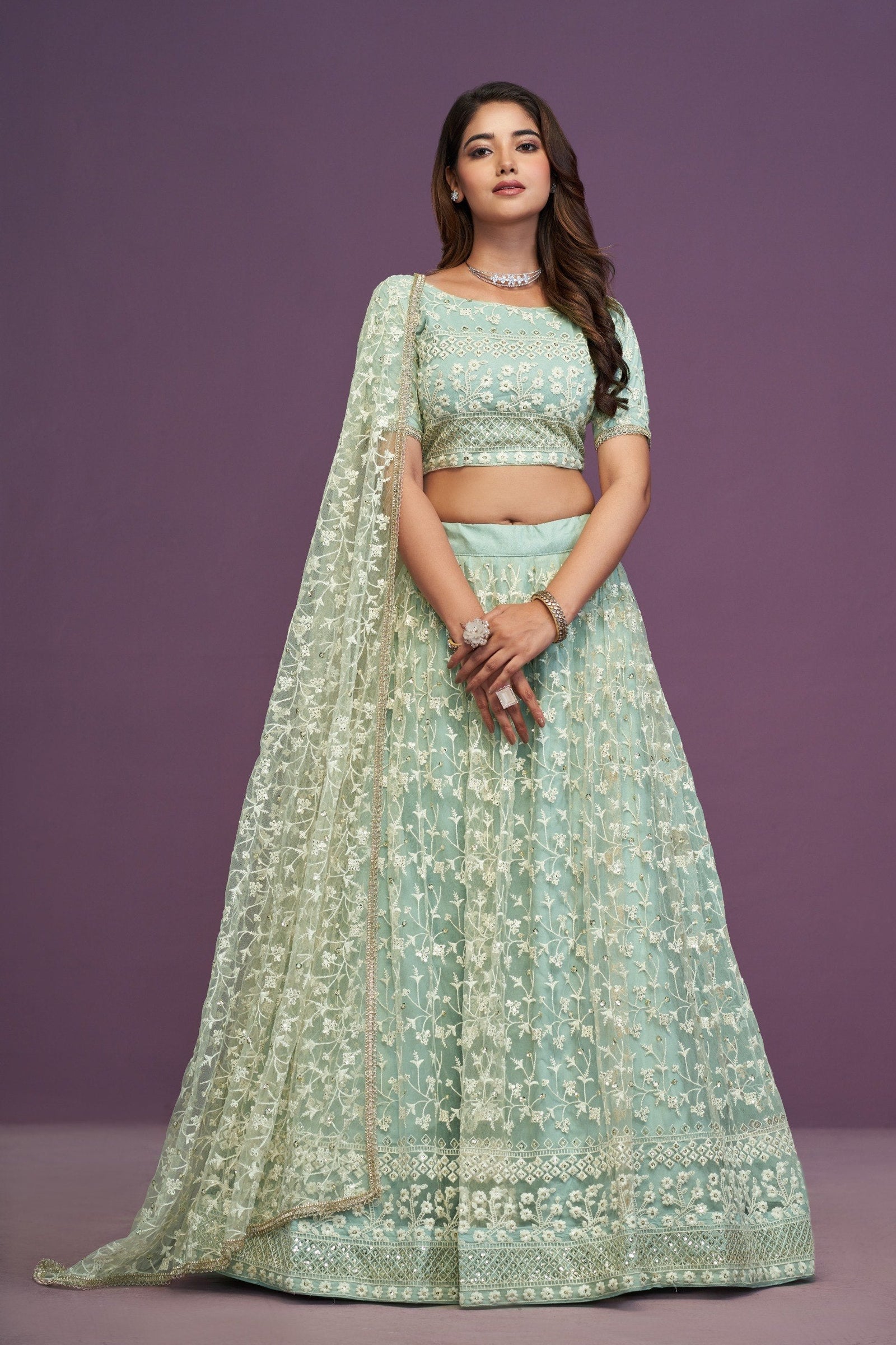 Pista Designer Net Lehenga Choli Set ClothsVilla