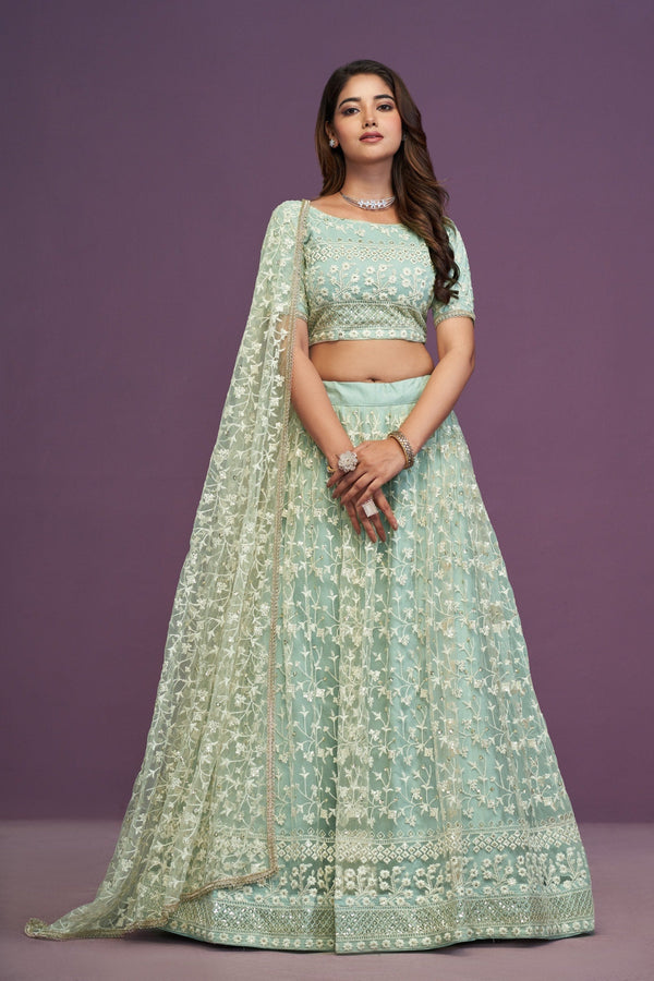 Pista Designer Net Lehenga Choli Set ClothsVilla