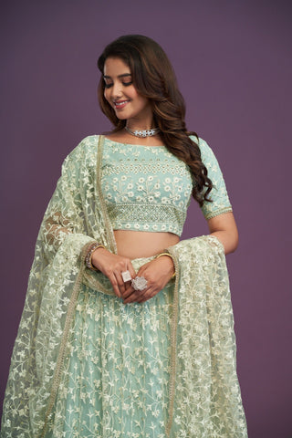 Pista Designer Net Lehenga Choli Set ClothsVilla