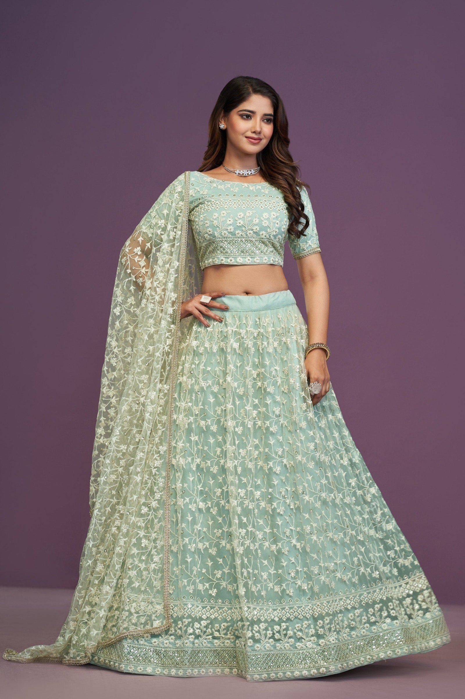 Pista Designer Net Lehenga Choli Set ClothsVilla