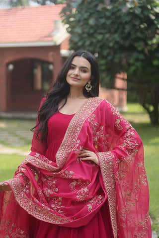 Designer Pink Anarkali Dress for women, georgette anarkali suit with dupatta, sequence embroidery anarkali, readymade anarkali kurtis, gown - ClothsVilla.com