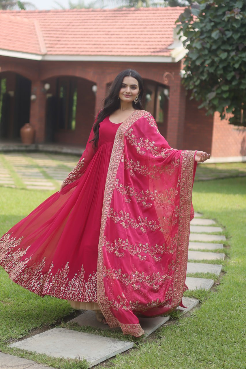 Designer Pink Anarkali Dress for women, georgette anarkali suit with dupatta, sequence embroidery anarkali, readymade anarkali kurtis, gown - ClothsVilla.com