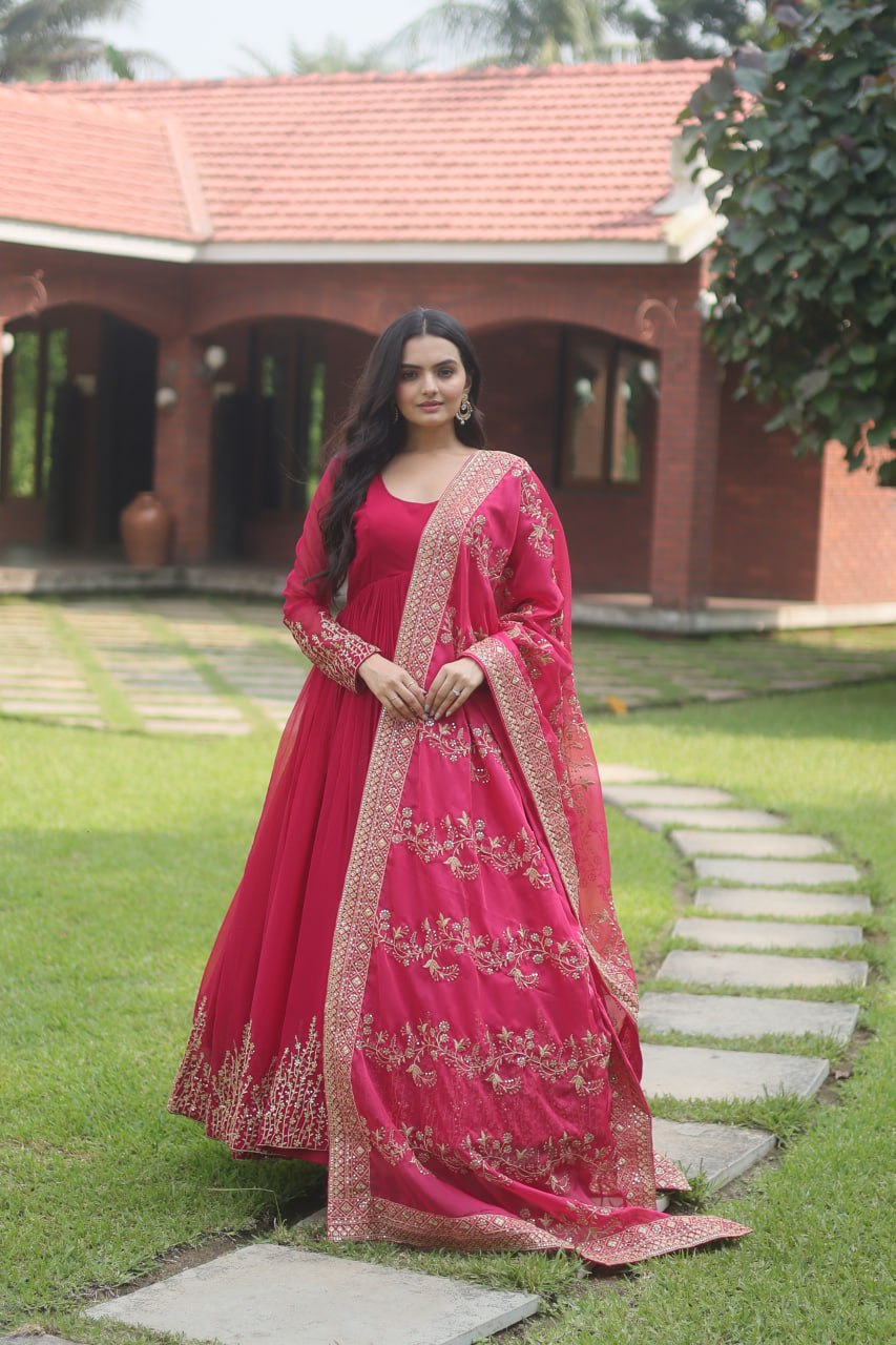Designer Pink Anarkali Dress for women, georgette anarkali suit with dupatta, sequence embroidery anarkali, readymade anarkali kurtis, gown - ClothsVilla.com