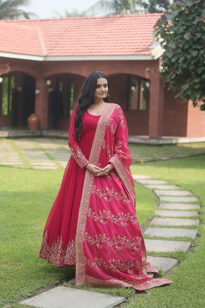 Designer Pink Anarkali Dress for women, georgette anarkali suit with dupatta, sequence embroidery anarkali, readymade anarkali kurtis, gown - ClothsVilla.com