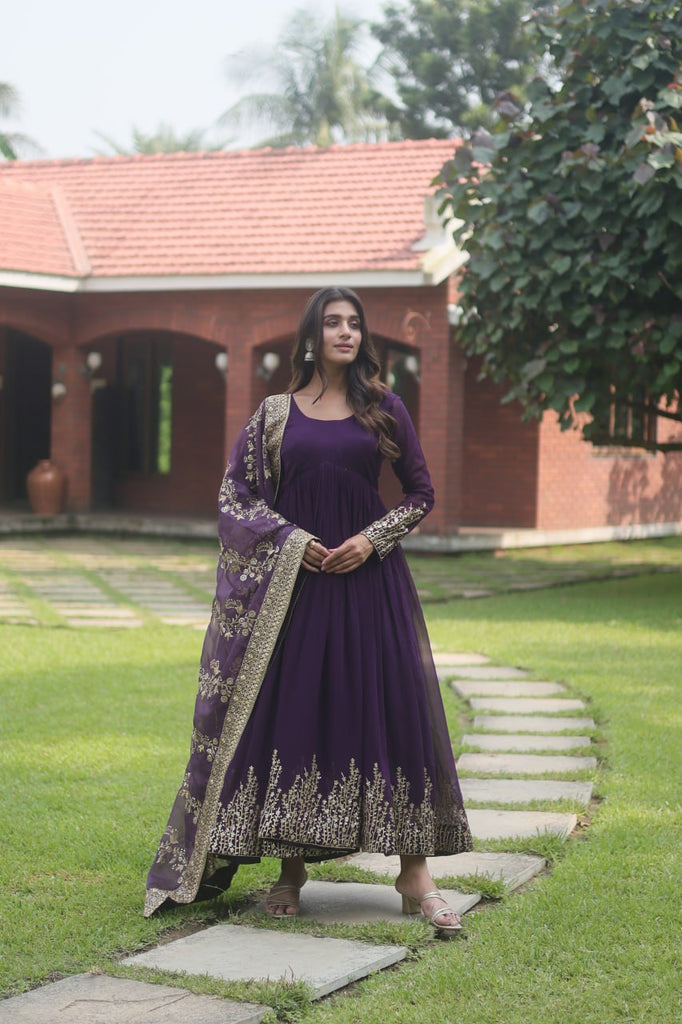 Wine Thread Embroidered Georgette Anarkali Dress-Plus Size Clothing(XS-10XL)