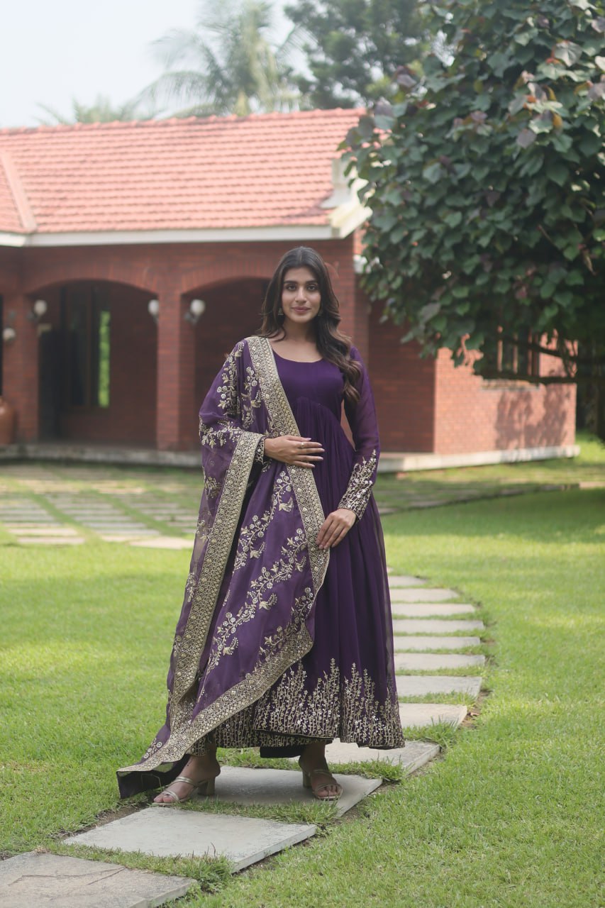 Shop Faux Georgette Embroidered Anarkali Dress In Purple – Gunj Fashion