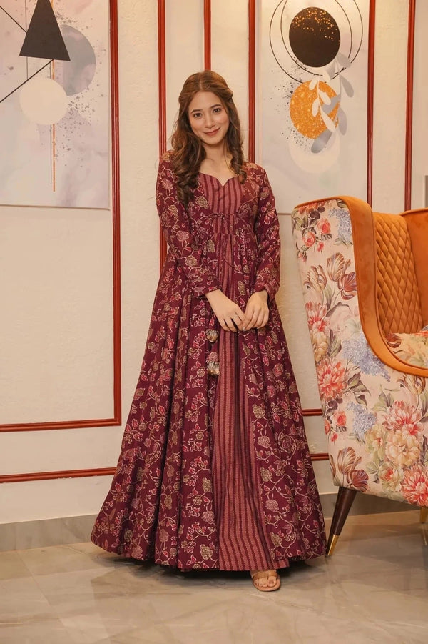 Digital Print Full Flare Shrug Set Gown for Women Clothsvilla